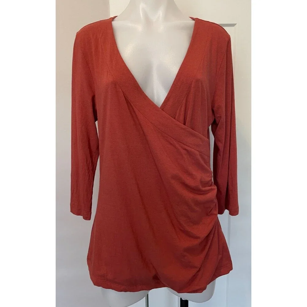 SOFT SURROUNDINGS Womens Knit TOP 3/4 Sleeve ORANGE Faux Wrap Size L